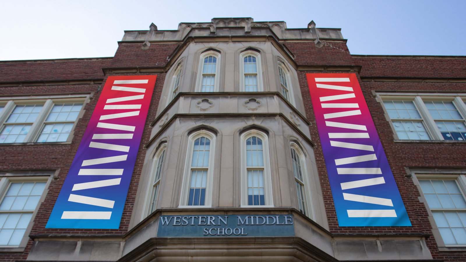 Exterior signage and banners for Western Middle School for the Arts, a Louisville performing arts school