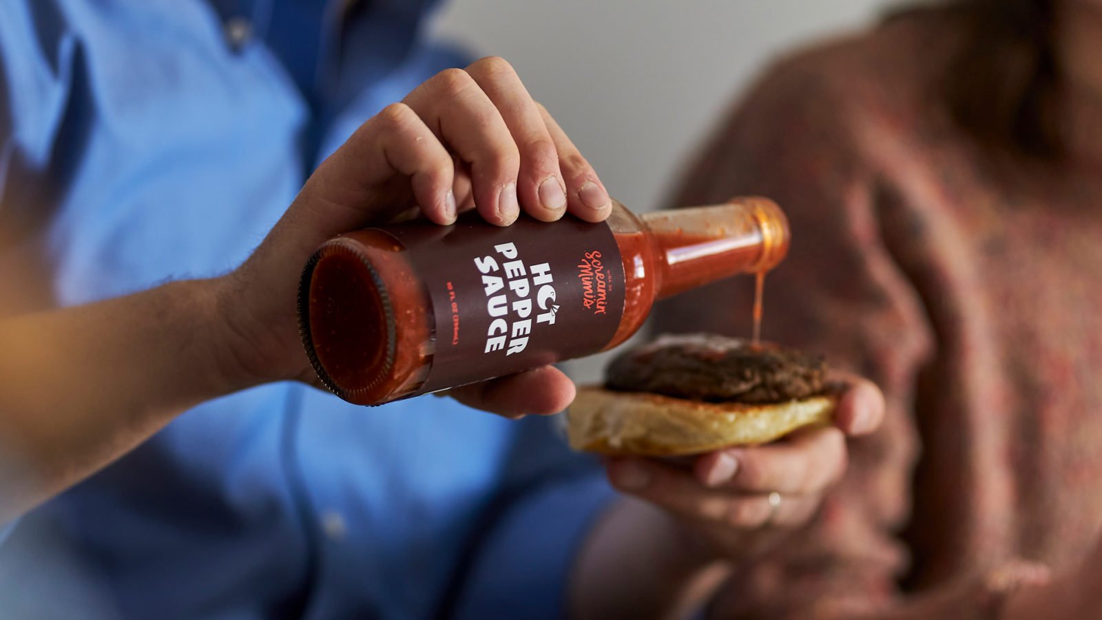 Screamin' Mimi's Brand Photography: Hot Pepper Sauce on a hamburger