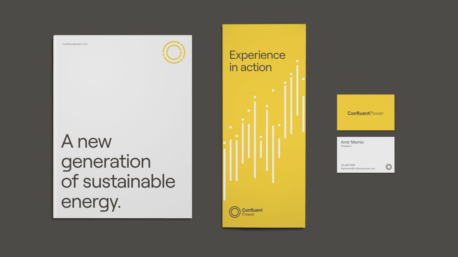 Confluent Power Impact Brand stationery, brochure, and business card designs